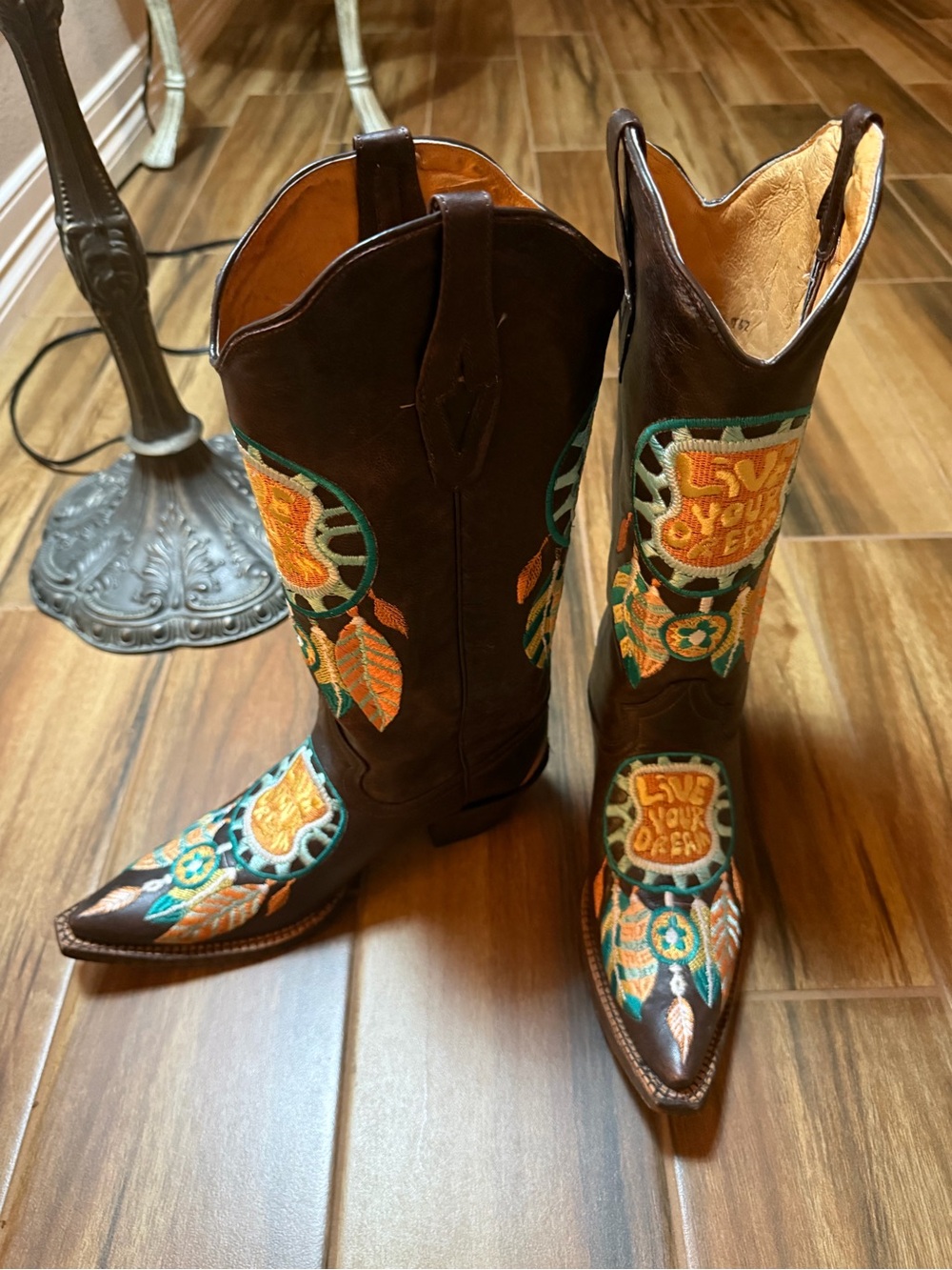 Tony Lama Brown Leather Western Boots with Orange and Teal Embroidery
